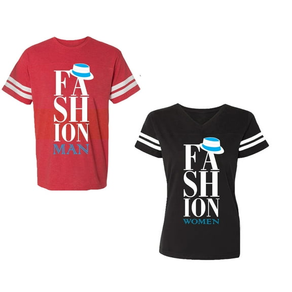 Fashion Man Woman Unisex Couple Matching Cotton Jersey style T-Shirt Contrasting stripes on sleeves (Men Red / Women Black) (Men S / Women S)