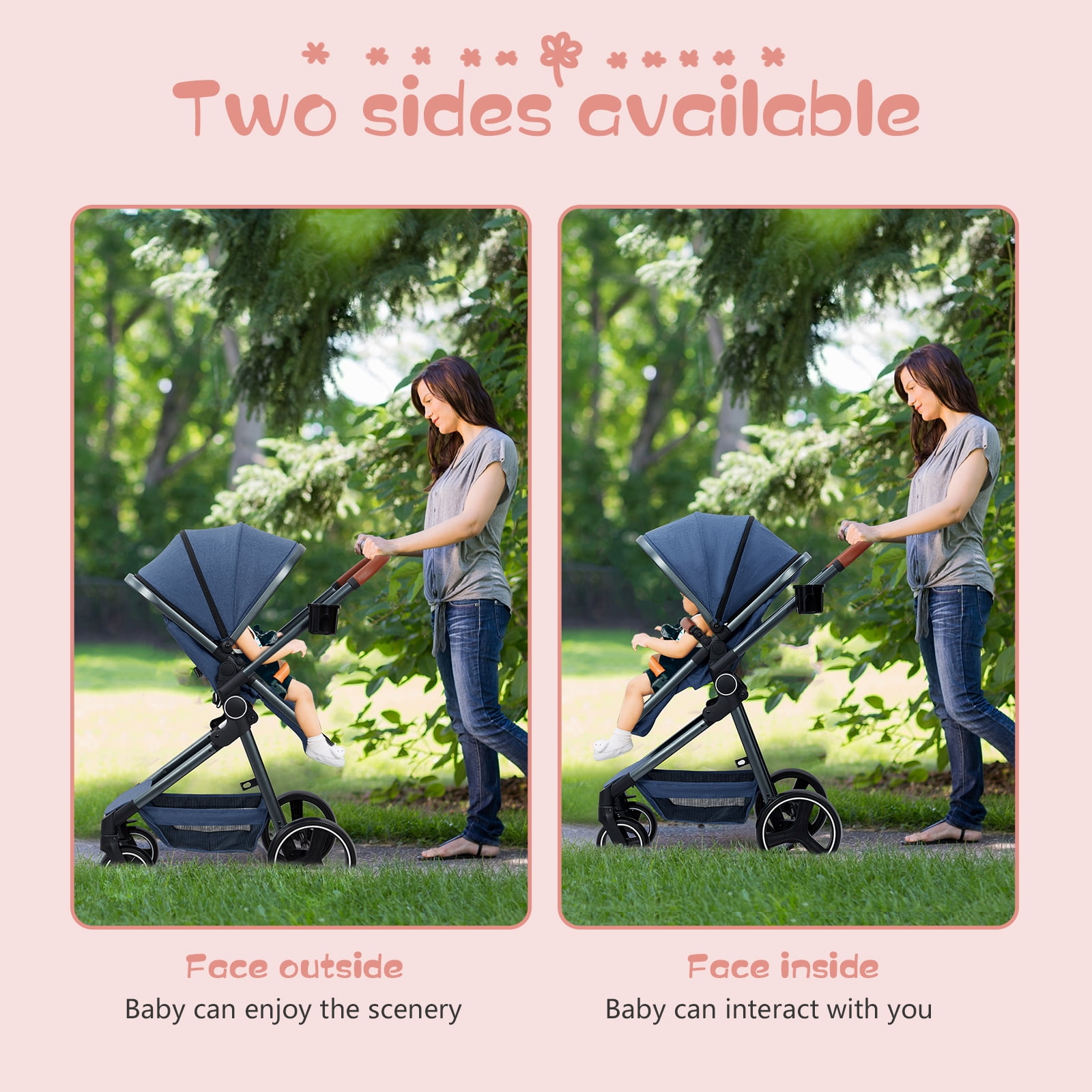 2-in-1 Bassinet Stroller, Lightweight Foldable Baby Stroller with Reversible Seat, Adjustable Canopy & All-Terrain Wheels for Newborns 0-3 Years
