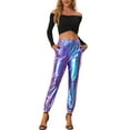 thumbnail image 2 of INSPIRE CHIC Women's Party Sparkle Shiny High Waist Metallic Holographic Pants S Blue Purple, 2 of 6