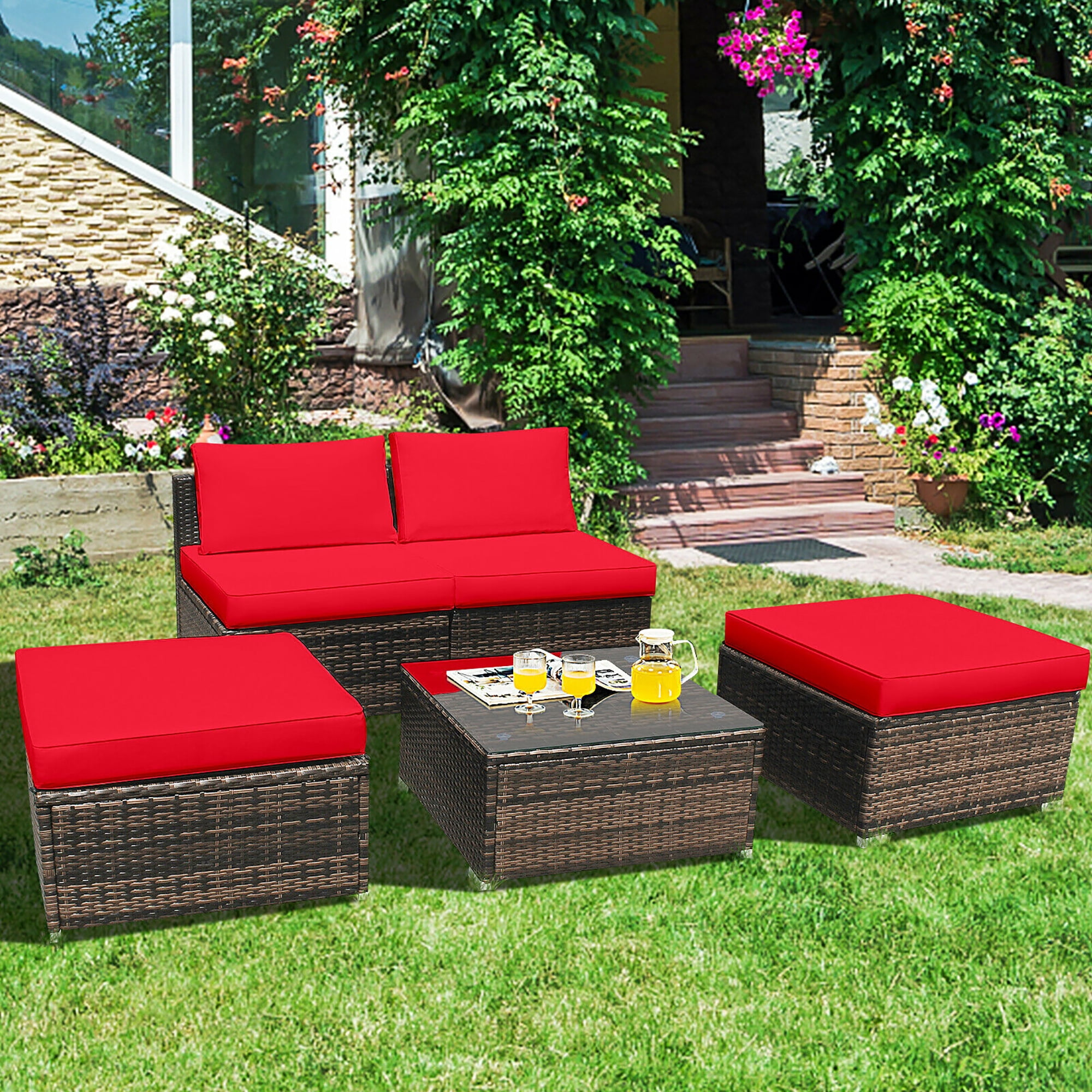 Costway 5PCS Patio Rattan Wicker Furniture Set Armless Sofa Cushioned Red Walmart