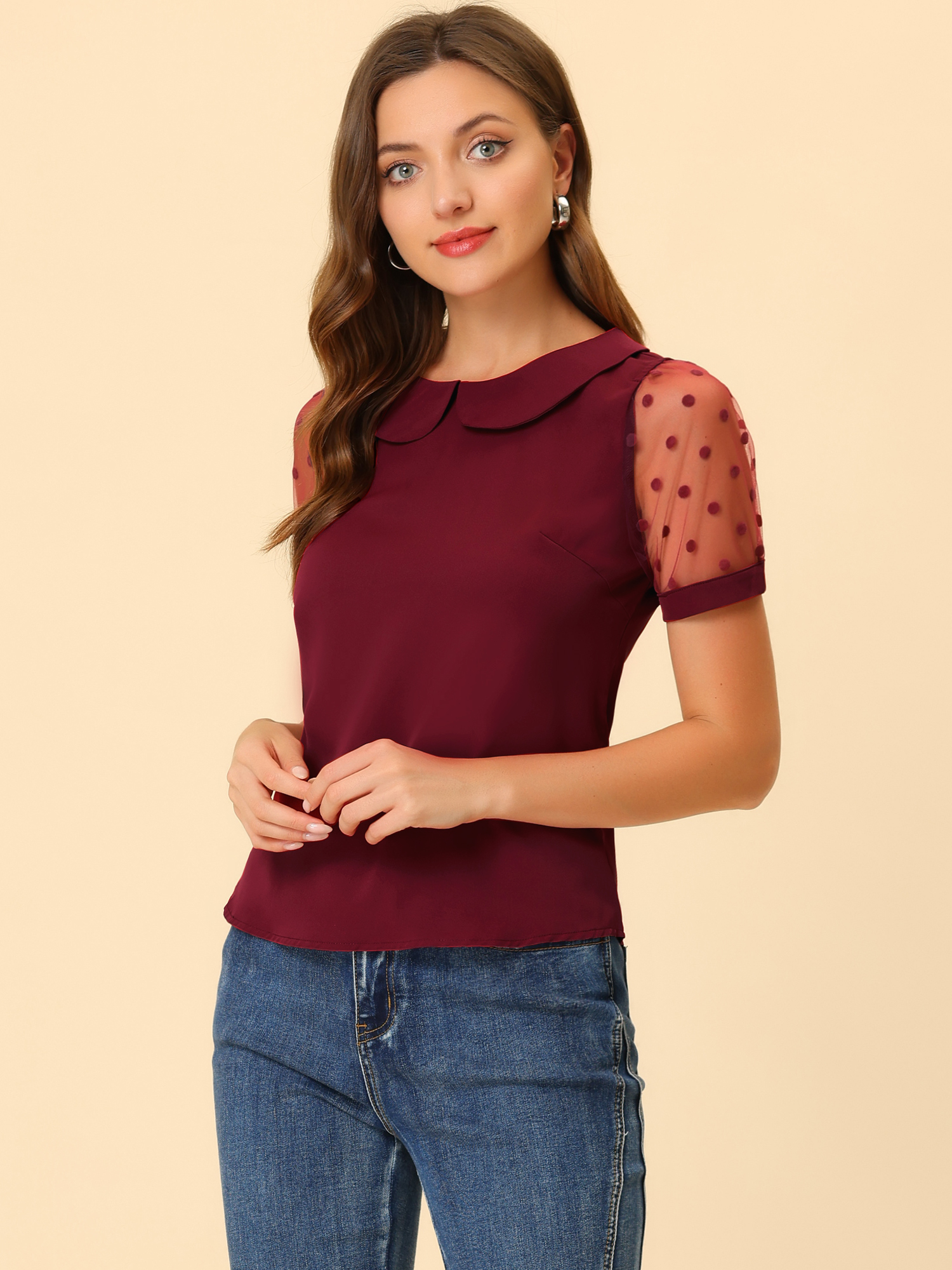 DARING DIVA Women's Polka Dots Mesh Peter Pan Collar Blouse XS Wine Red