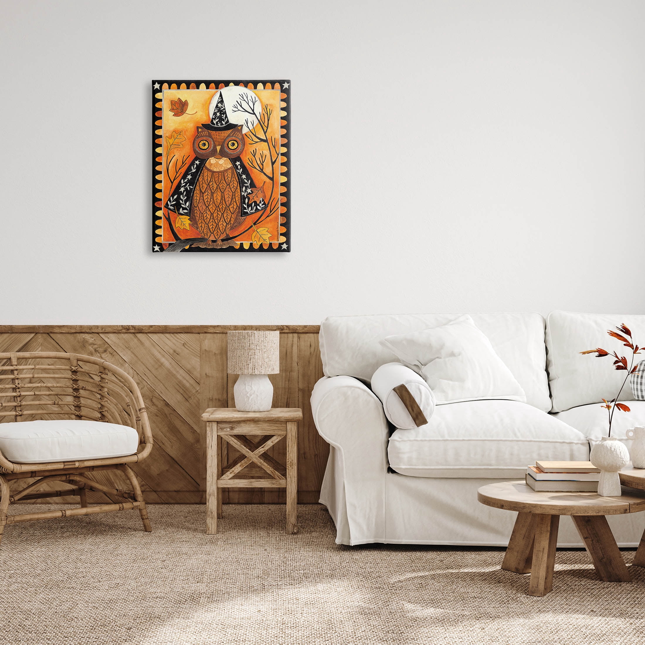 Seasonal Autumn Owl Moonlit Night Holiday Graphic Art Gallery Wrapped Canvas Print Wall Art