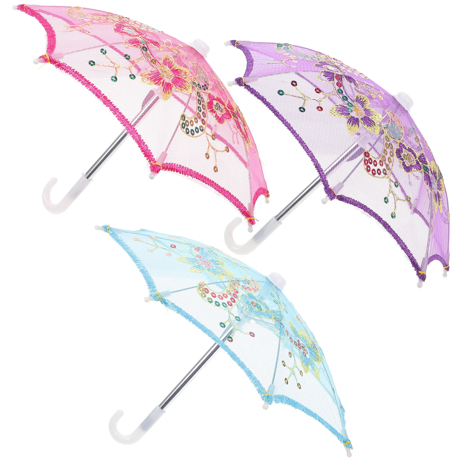3pcs Mini Lace Umbrella Kids Play Umbrella Toy Decoration Prop Embroidery Umbrella (Random