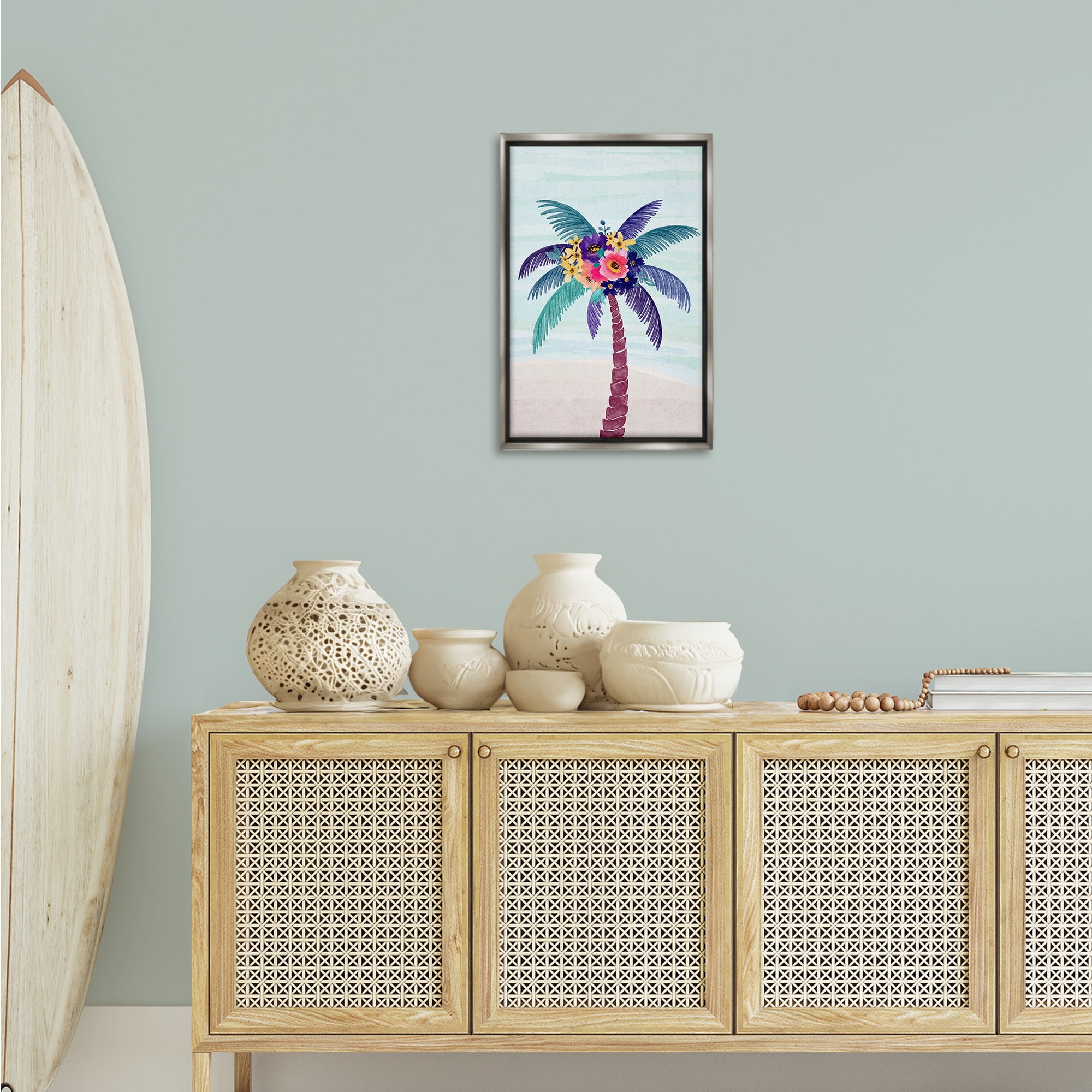 Stupell Industries Floral Palm Tree Beach Plants & Flowers Painting Gray Floater Framed Canvas Art Print Wall Art, 17 x 25
