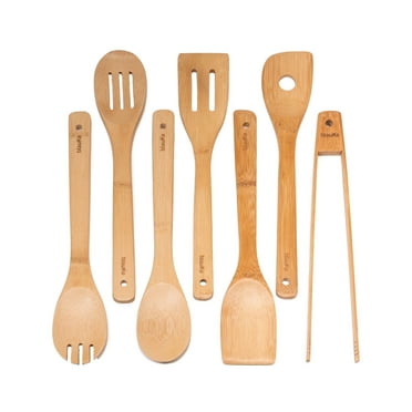 BlauKe® Wooden Spoons for Cooking 7-Pack – Bamboo Kitchen Utensils Set for Nonstick Cookware - Wooden Cooking Utensils Set, Wood Spatula Spoon Tongs
