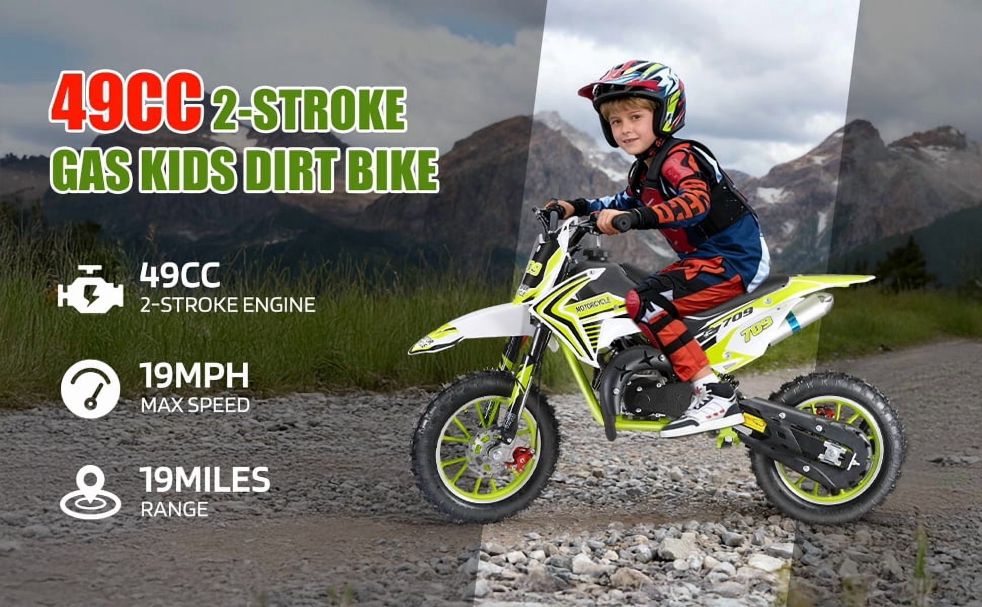 Korogimeeet Gas Powered Mini Dirt Bike 49cc 2-Stroke, Hand-Pull Start, 10 Inch Off-Road Tires, Dual Disc Brakes, Infinitely Variable, 30KM/H Max Speed, 150kg, 47 x 28 Inch