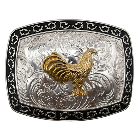 Gold Tone Roosters Chickens Western Rodeo Silver Black Belt Buckle