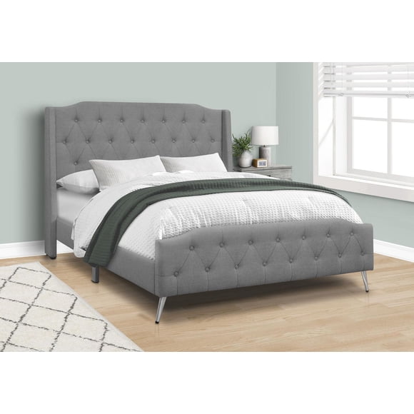 Monarch Specialties Bed, Queen Size, Platform, Bedroom, Frame, Upholstered, Linen Look, Metal Legs, Grey, Chrome, Transitional