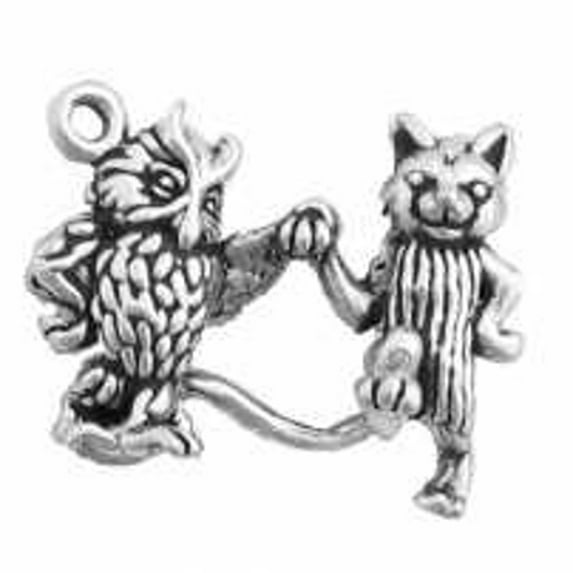 Sterling Silver 24" 1mm Box Chain 3D Owl And Cat Holding Hands Pendant Necklace