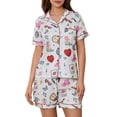thumbnail image 3 of Yunliwuli Women's Summer Loungewear Set Cartoon Print Short Sleeve Lapel Button T-Shirt with Elastic Waist Shorts Sleepwear, 3 of 10