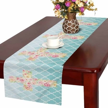 

SUNENAT Watercolor Flower Cross with Aqua Teal Moroccan Tile Quatrefoil Table Runner Cotton Linen Cloth Placemat Home Decor for Home Kitchen Dining Wedding Party 16 x 72 Inches