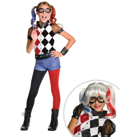 DC SuperHero Harley Quinn Deluxe Costume for Kids and DC SuperHero Girls Harley Quinn Wig