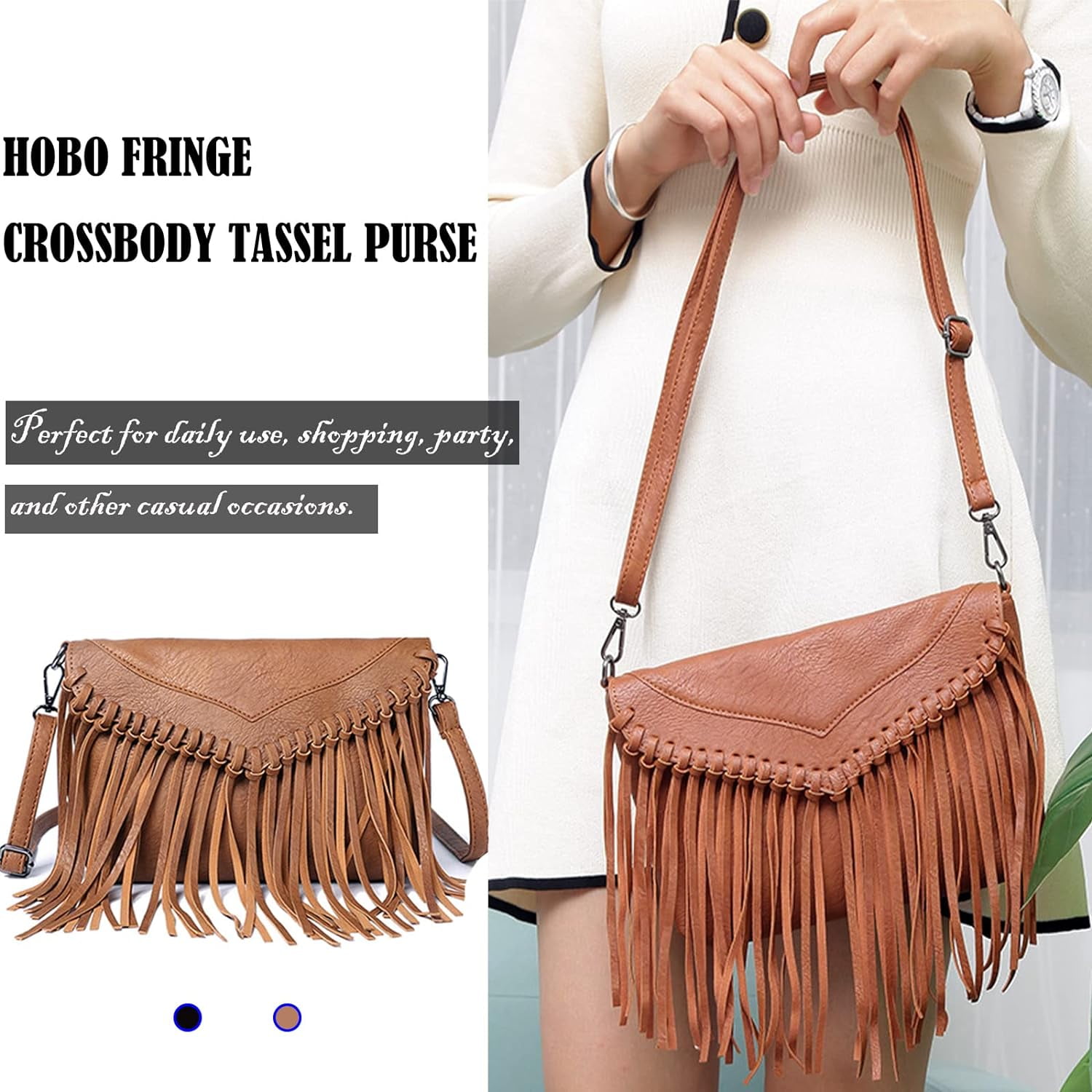 Vintage Fringe Purse Fringe Hobo Bags for Women Vegan Leather Tassel Hippie Crossbody Bag
