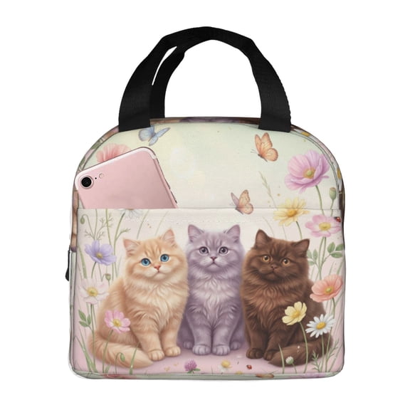 Cute Cat Lunch Bag With Cats Reusable Lunch Box Front Pocket Zipper Closure Leakproof Insulated Cooler Tote Bag Food Container Cartoon LunchBox For Men Women Work Travel Picnic