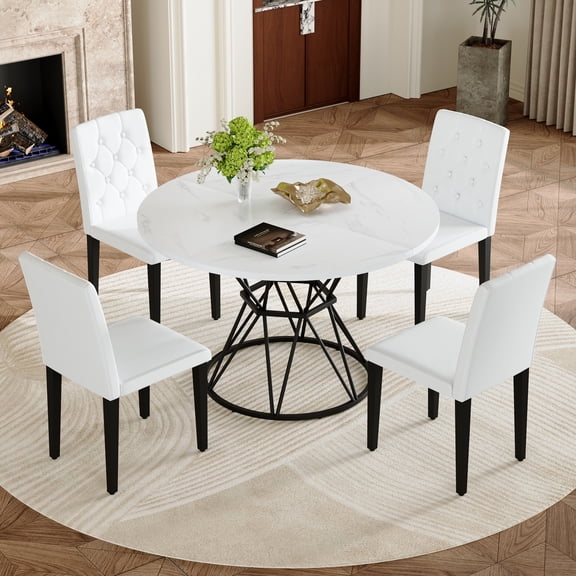 Dining Set, 47.3 Inch Round White MDF Table with Black Hourglass Metal Legs and 4 Ergonomic White PU Leather Chairs with Buckle Backrests for Kitchen and Dining Room, Seats 4