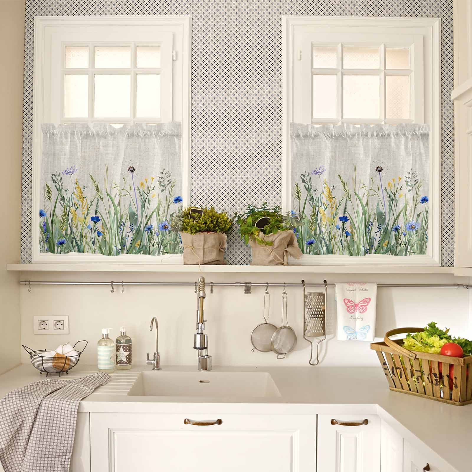Navy Flower Kitchen Curtains Valance and Tier Set Blue-green Leaf Watercolor Vintage Linen Rod Pocket Short Curtains for Small Window 3 Pieces Set for Bedroom Bathroom Cafe (54" x 18"+27" x 36")
