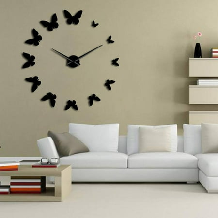 Decorative Mirror Wall Clocks Nature Flying Butterflies Modern Design Luxury DIY Large Wall Clock Frameless Wall Watch Clock(Black,27inch)