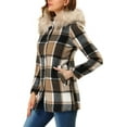 thumbnail image 4 of MODA NOVA Juniors Long Sleeves Detachable Faux Fur Trim Plaid Overcoat with Hood Brown M, 4 of 6