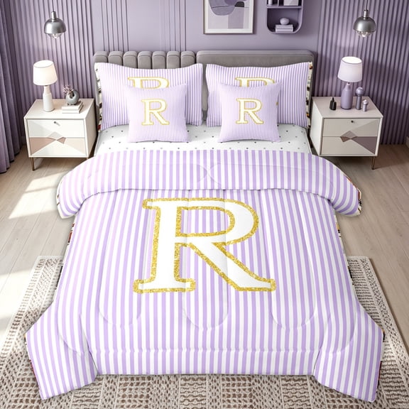 meiyoeat Gold R Letter Twin Bedding for Kids Girls Women, Purple Stripes Bedding Comforter Set for Bedroom, Reversible, 7 Pieces