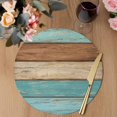 thumbnail image 3 of Farmhouse Aqua Brown Round 13 Inch Placemats Set of 4, Vintage Wooden Striped HeatResistant Non Slip Place Mats for Dining Table, Wipeable Braided Kitchen Table Mats for Housewarming, 3 of 9