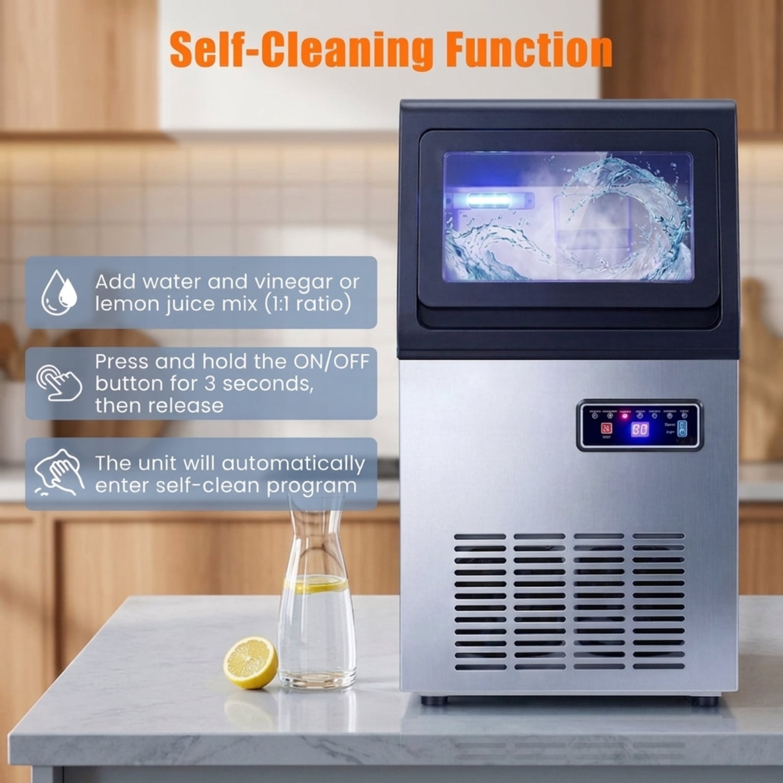 RUIE Nugget Ice Maker Machine 90 lbs/24H, Commercial Countertop Chewable Pellet Ice Machine with Self-Cleaning for Home Bar Kitchen Office