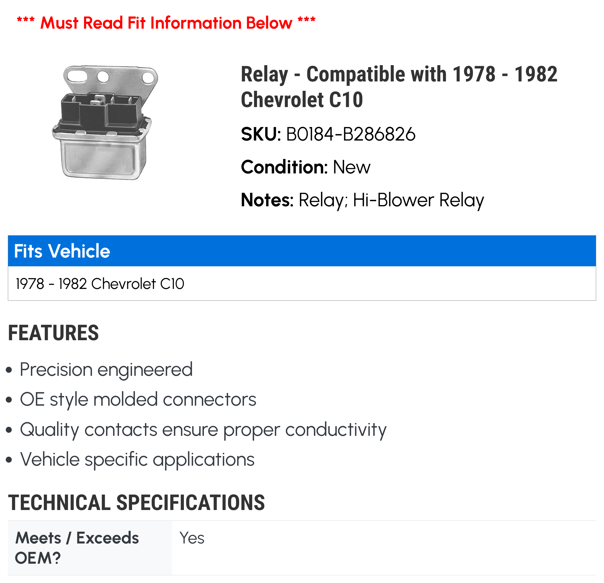 Relay - Compatible with 1978 - 1982 Chevy C10 1979 1980 1981