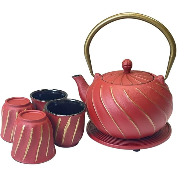 Cuisiland 900ml/30oz Cast Iron teapot with 4 Cups 1 Trivet Set Enameled Interior and Stainless Steel Infuser (Red)