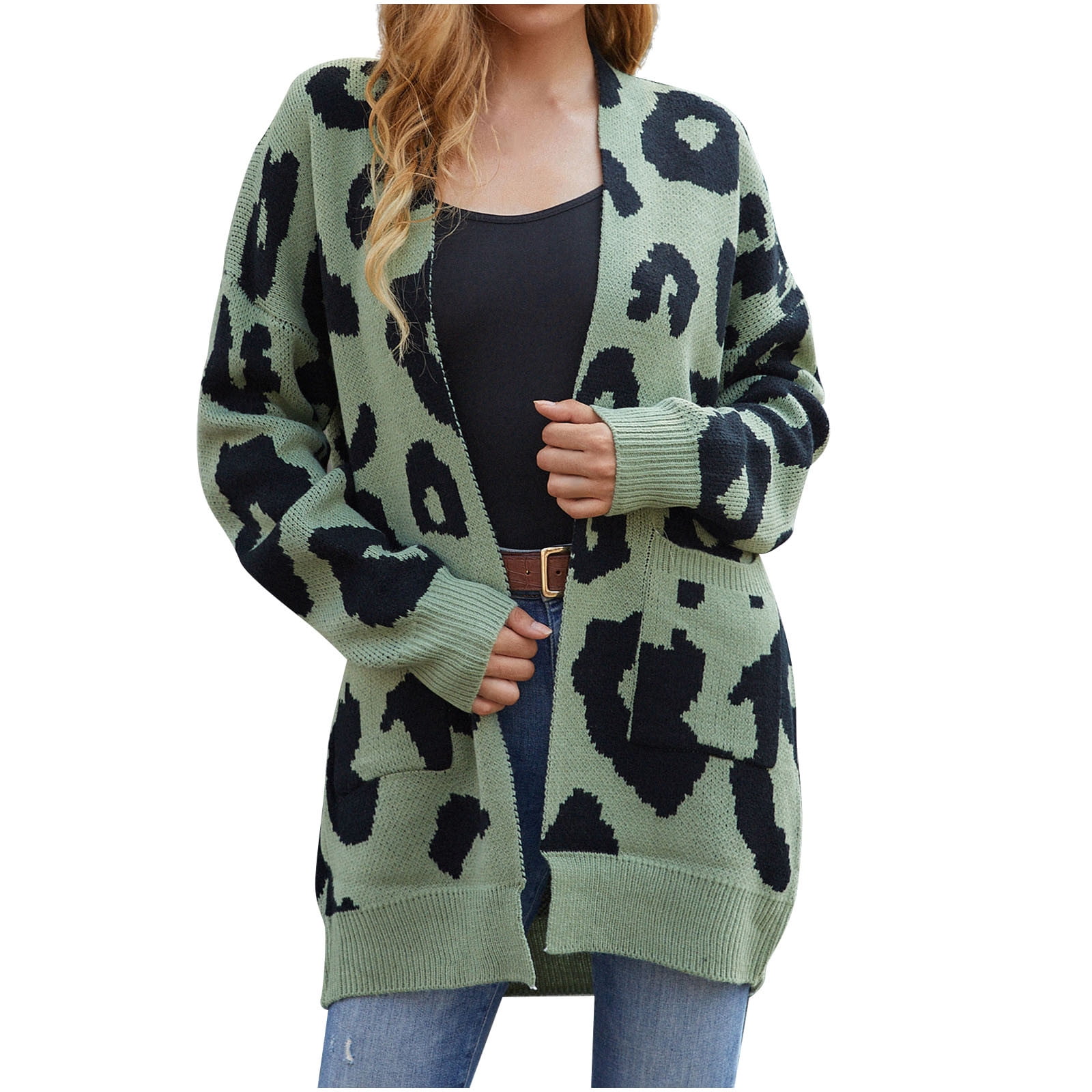 Women's Fall Fashion Knitted Sweater 2022 Clothes Button Down Cardigan  Outerwears Leopard Print Lapel Cardigan Plus Size Winter Long Coat Green L  - Walmart.com