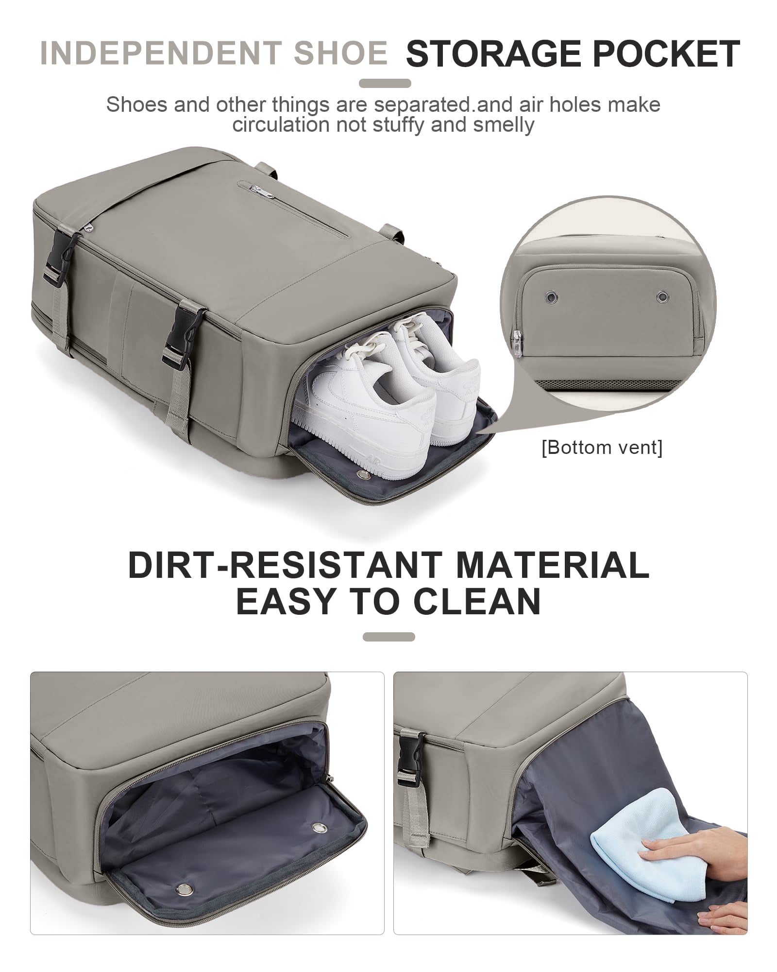 DAKIMOE Large Travel Backpack for Adults Carry on Laptop Backpack Flight Approved Waterproof College Bag with USB Charging Port & Shoe Pouch Casual Daypack for Women Men for Weekender Business, Gray