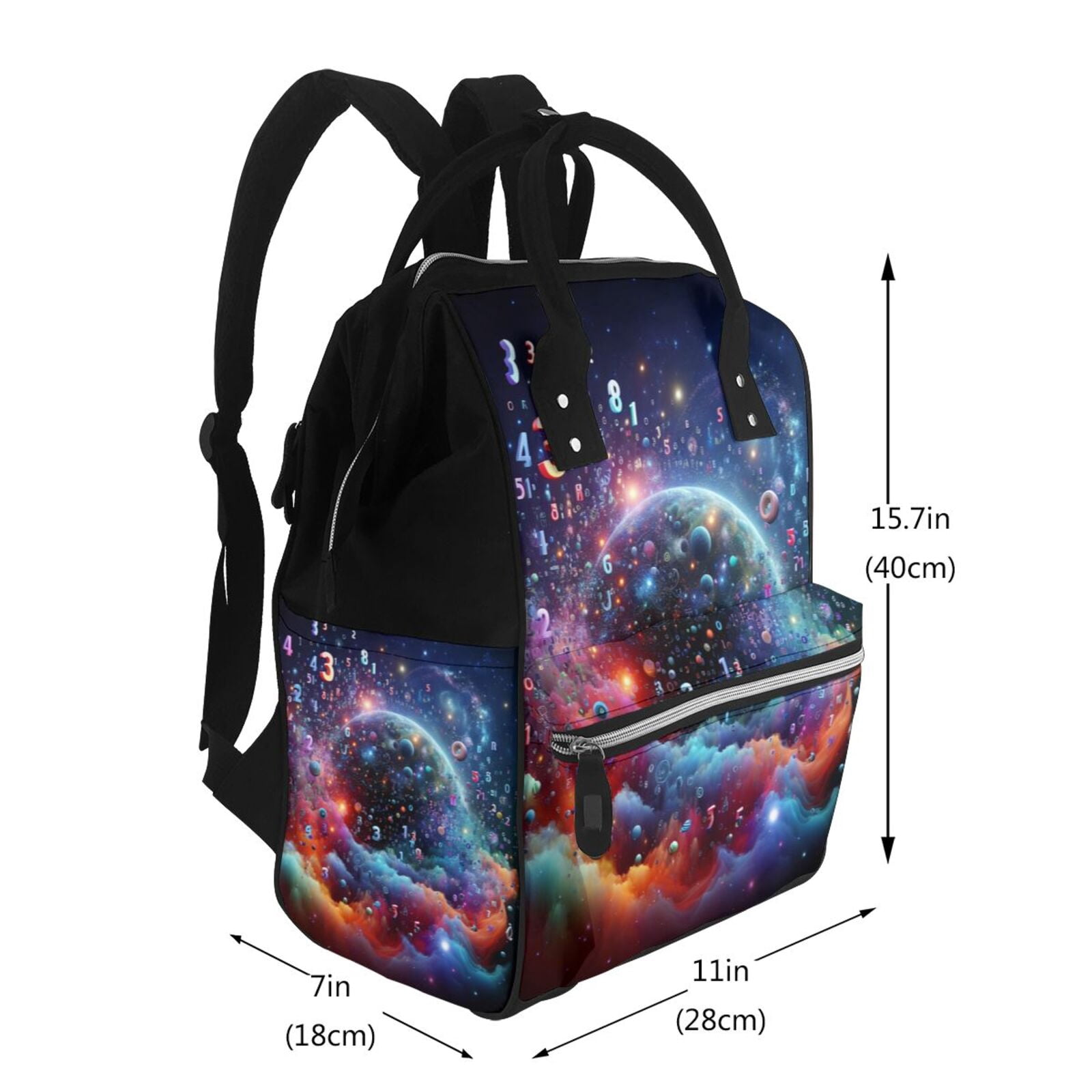 Ratiio Outer Space Floating Numbers And Letters Mummy Backpack - Waterproof Twill Canvas, Large Capacity Diaper Bag with Multiple Pockets and Adjustable Straps