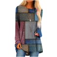 thumbnail image 1 of Long Sleeve Shirts for Women Dressy Casual Crew Neck Hem Flowy Tops Color Block Geometry Printed Oversized Loose Tunic Shirts Graphic Tees for Spring Fall #B06-Orange S, 1 of 5