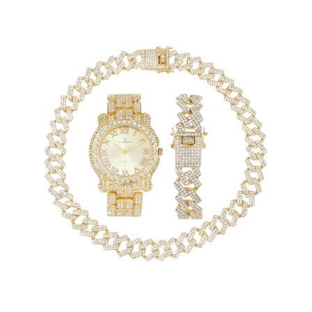 Ice on Blast! Bling'ed Out Hip Hop Rolly Looks w/Ice on Watch & Jewelry -Your Choice of Matching Zig Zag Bling'ed Out Necklace Set or Necklace & Bracelet Set - ZZ Sets (L0504 Shiny Gld ZZ)