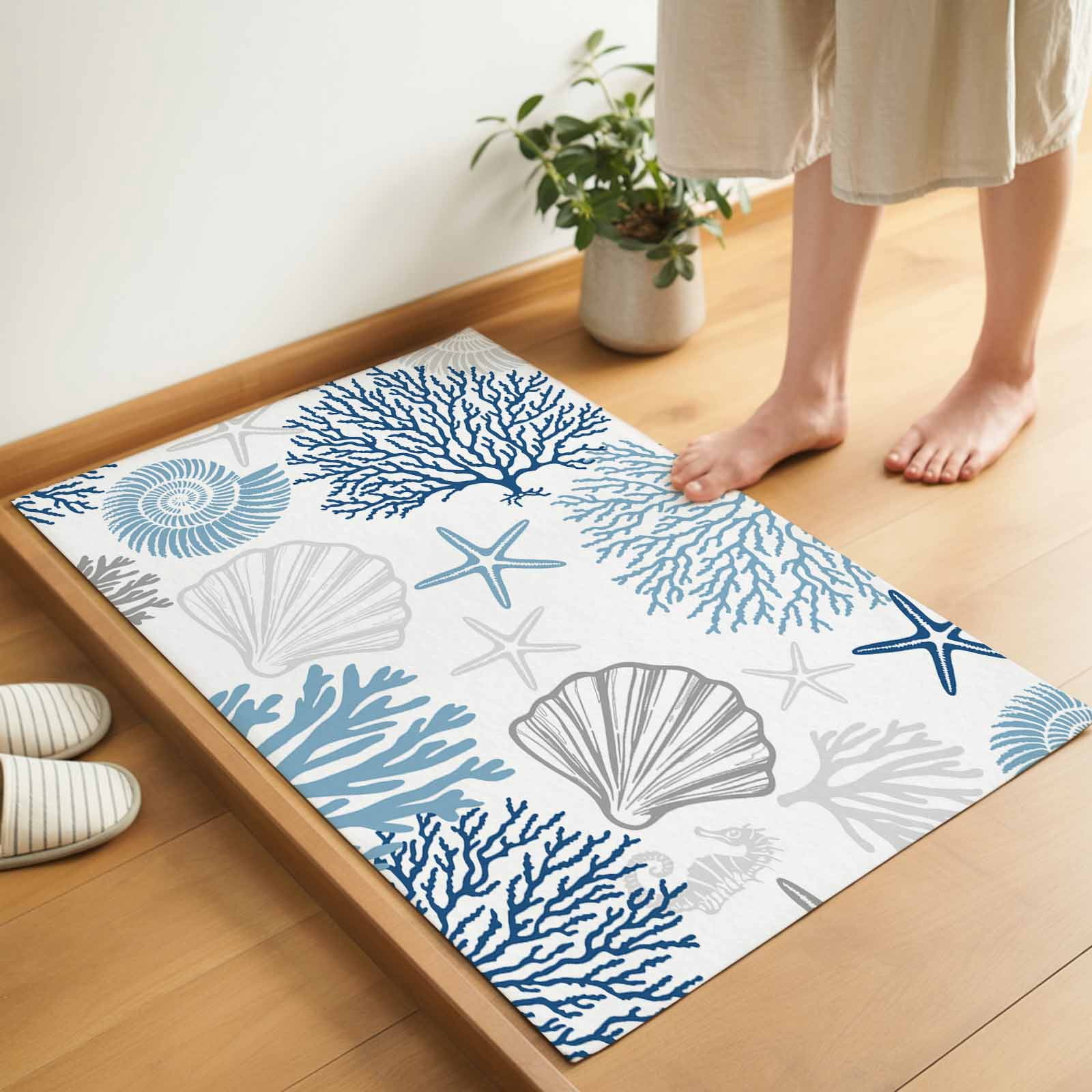 Navy Blue Gray Coastal Indoor Door Mat - 20"x31.5", Non-Slip Welcome Mat for Outdoor, Summer Beach Coral Shell Ocean Front Doormat for Entry, Low-Profile Doormat Entrance Rug for Kitchen/Bathroom