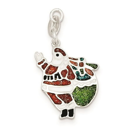 925 Sterling Silver Enameled Santa Solid & Polished Charm Pendant 35mmx15mm