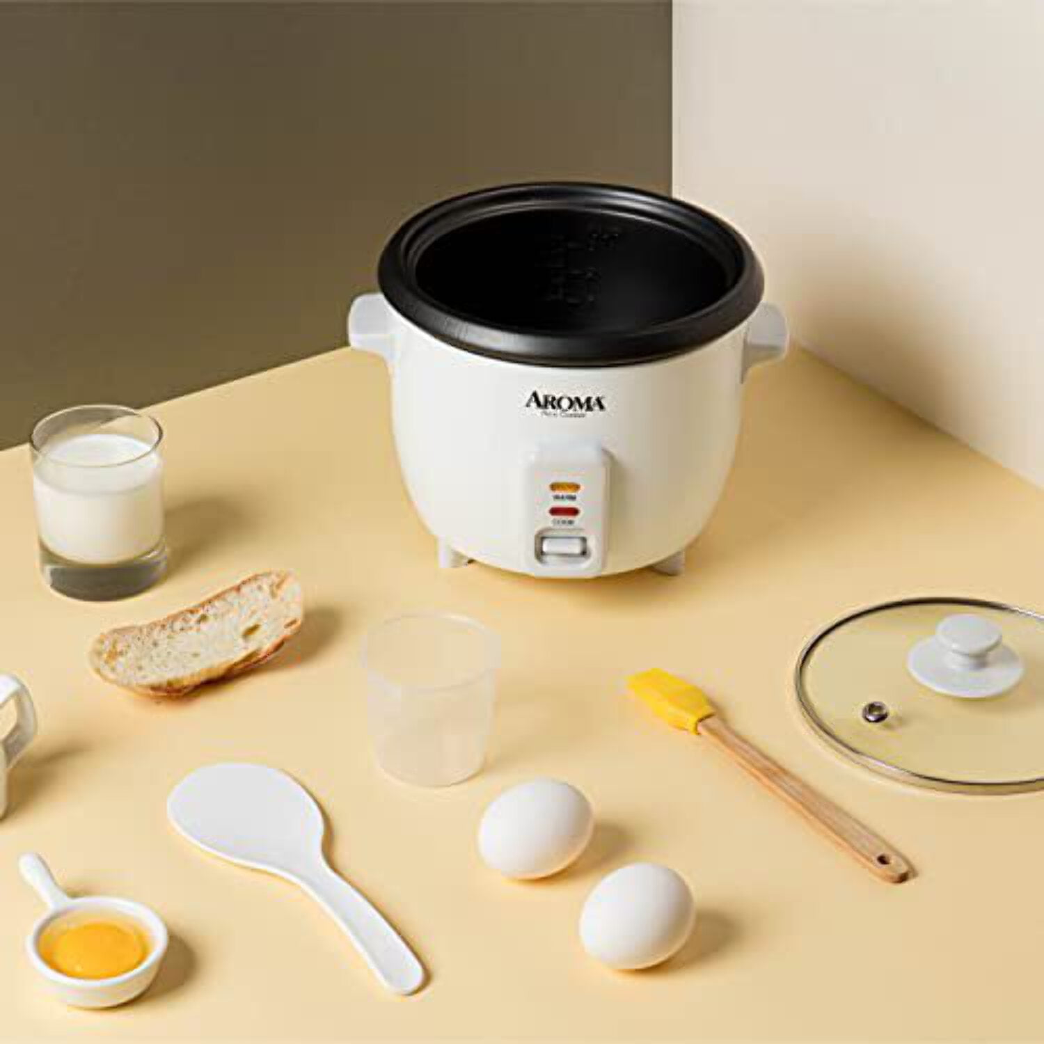 Aroma 3-Cup Electric Rice Cooker, White - Nonstick Interior