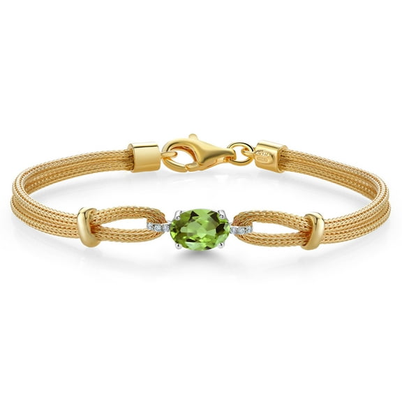 Gem Stone King 925 Two Tone Sterling Silver Green Peridot and White Lab Grown Diamond Bracelet for Women (1.46 Cttw, Gemstone August Birthstone, Oval 8X6MM, 6.5/7/7.5 inches, Made in Italy)