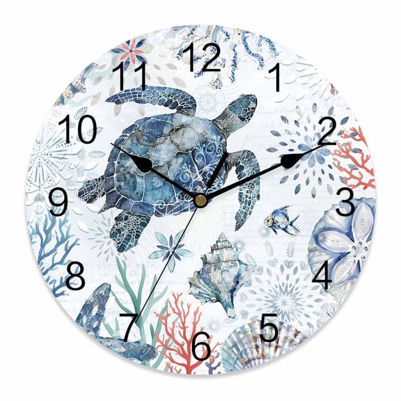Wall Clock Turtle Clocks PVC Silent Non-Ticking Battery Operated Decorative Shell Coral Fish Marine Life Round Clock for Home Living Room Kitchen Bedroom Office School Wall Decor 10 Inch