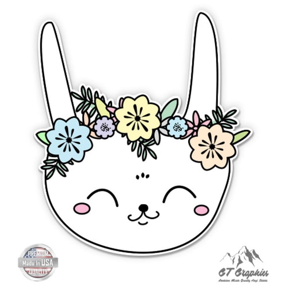 Cute Bunny With Flowers - 3" Vinyl Sticker - For Car Laptop I-Pad Phone Helmet Hard Hat - Waterproof Decal