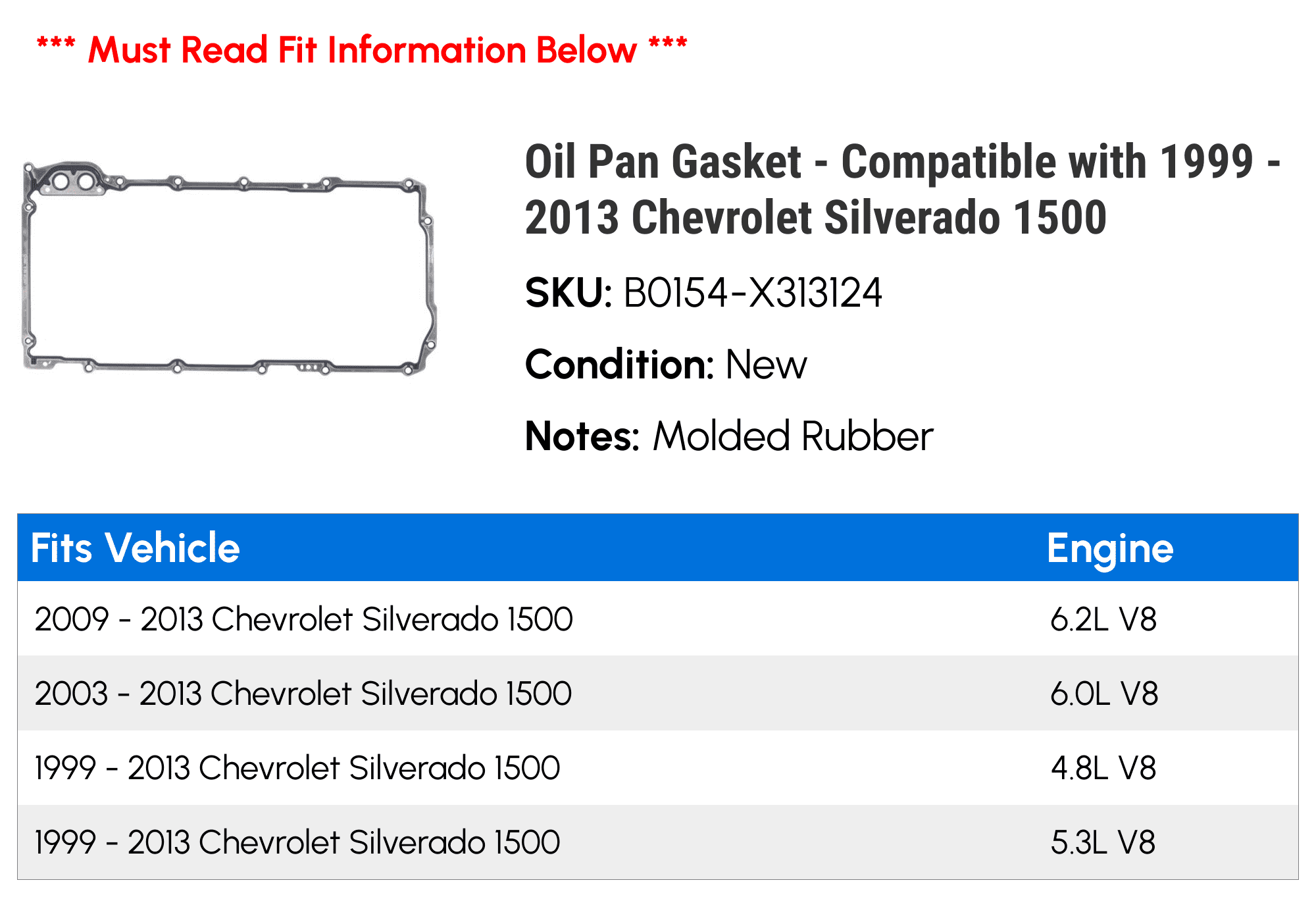 Oil Pan Gasket - Compatible with 1999 - 2013 Chevy Silverado 1500 2000 2001 2002 2003 2004 2005 2006 2007 2008 2009 2010 2011 2012