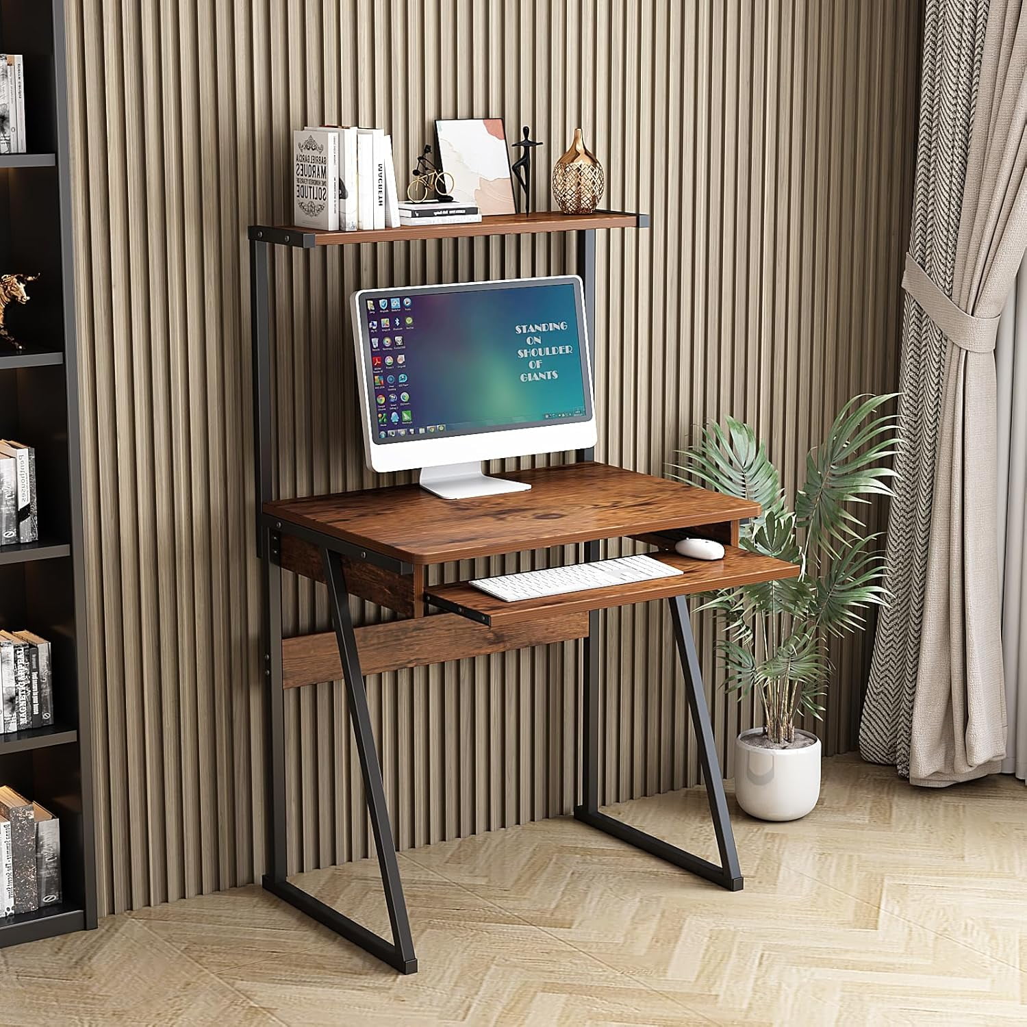 MIN EN WIN 2 Tiers Small Computer Desk for Small Space, Compact Laptop Table Workstation with Keyboard Tray, Study PC Table for Home Office, Brown