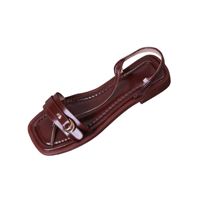 Brown Womens Flat Sandals Square Open Toe Single Adjustable Buckle Soft Lightweight Structure For Daily Outdoor Leisure And Long Time Comfort Wearing