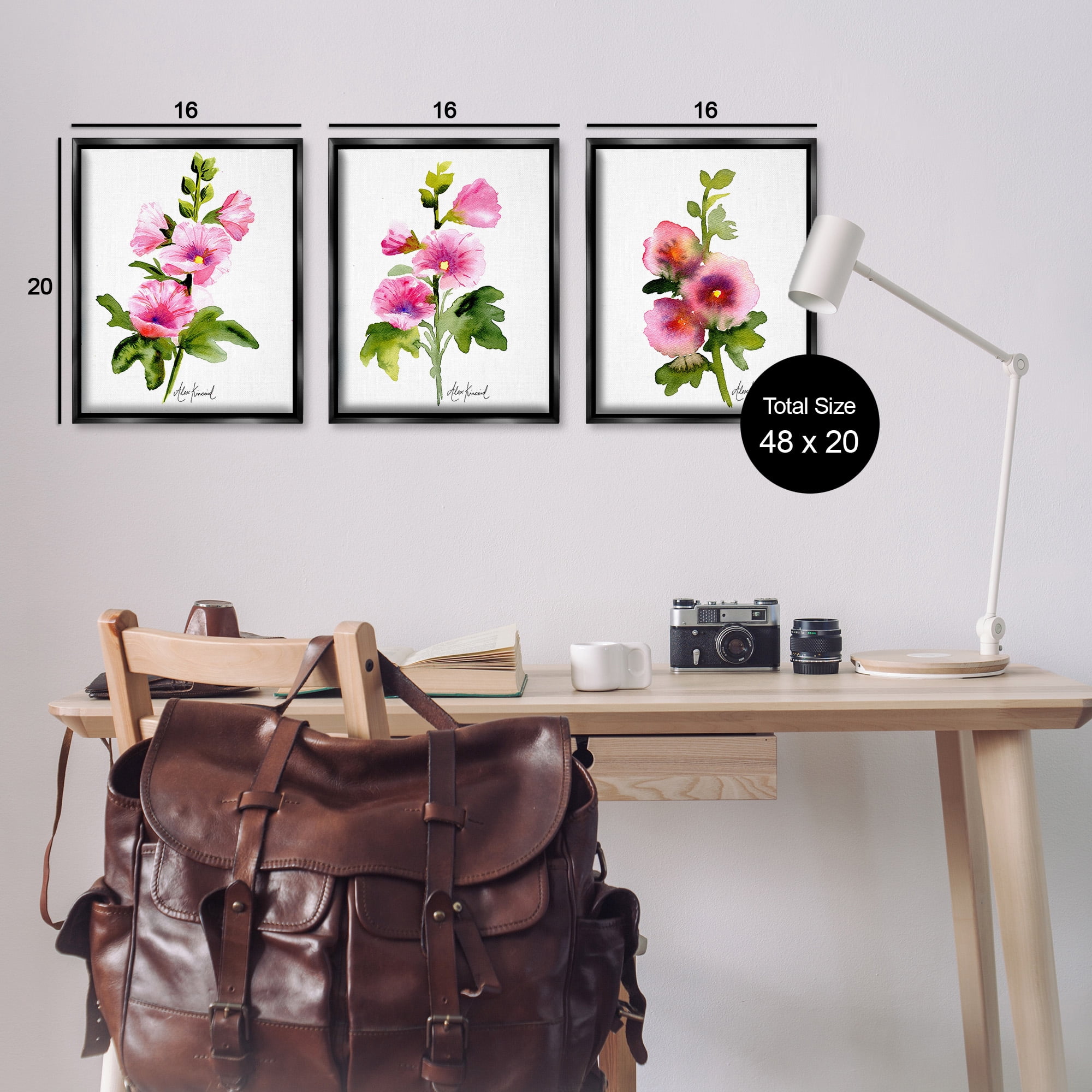 Stupell Industries Pink Flower Watercolors Botanical & Floral Painting Black Floater Framed Canvas Art Print Wall Art, 17 x 21, Set of 3