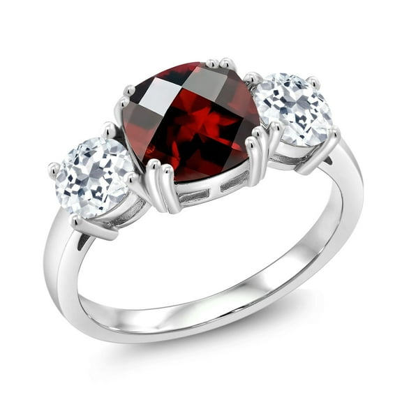 Gem Stone King 925 Sterling Silver Red Garnet and White Topaz 3 Stone Engagement Ring for Women (3.60 Cttw, Gemstone January Birthstone, Cushion Checkerboard 8MM, Size 7)