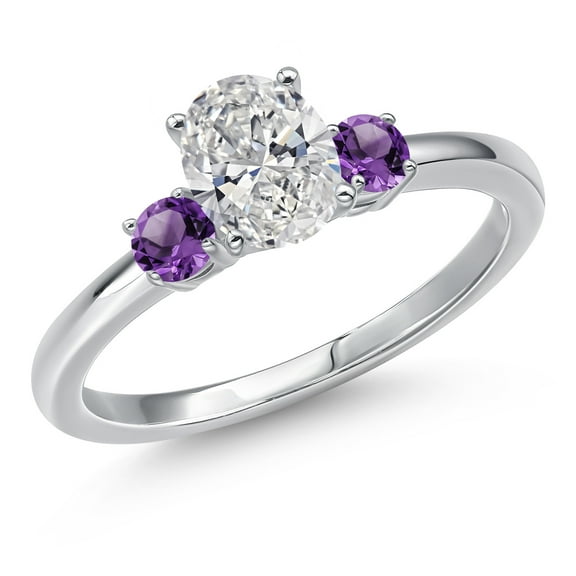 Gem Stone King 14K White Gold DEF Lab Grown Diamond and Purple Amethyst Engagement Ring for Women | 0.90 Cttw | Oval 7X5MM | Gemstone April Birthstone | Size 6