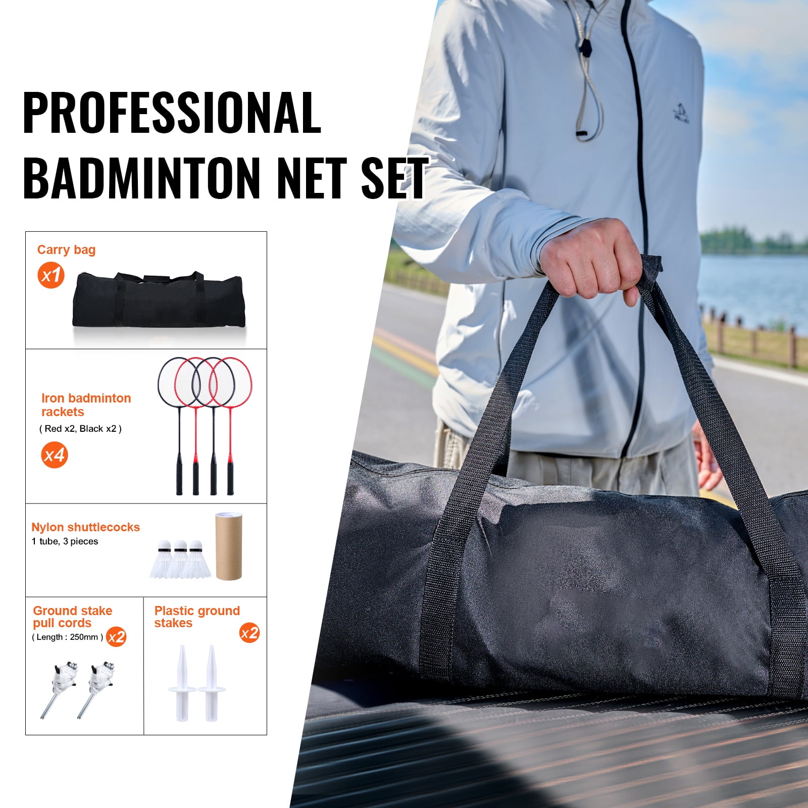 KFFKFF Complete Badminton Set for Outdoor Fun - Ideal for Beach, Park, Backyard with Net, Poles, Durable Carrying Case, 4 Metal Rackets & 3 Birdies