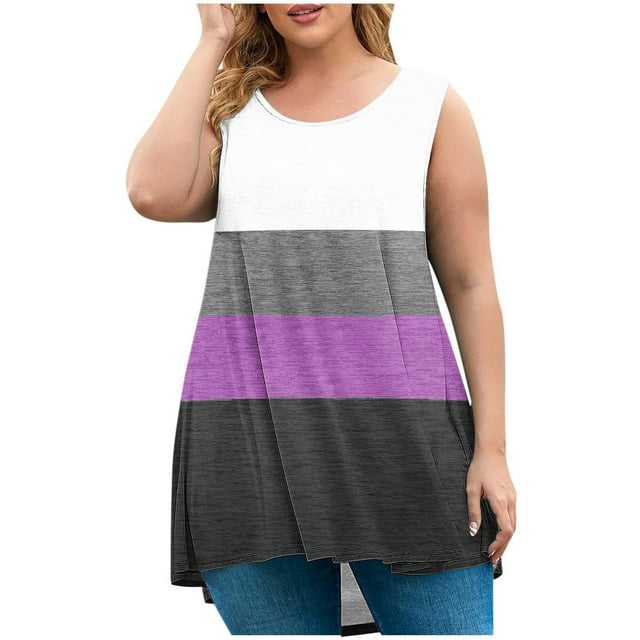 Diufon Womens Plus Size Tank Tops Color Block Sleeveless Loose Tops Casual Summer Cute Graphic Shirts