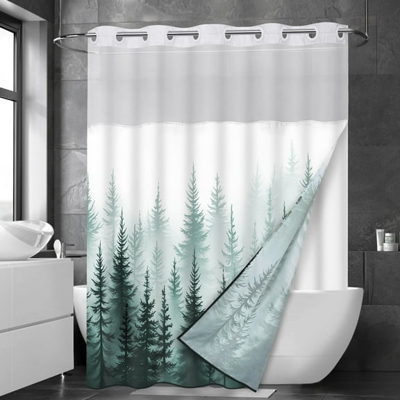 Ikfashoni Hookless Shower Curtain with Snap in Liner, Green Forests No Hook Waterproof Bath Curtain, 71"X74"
