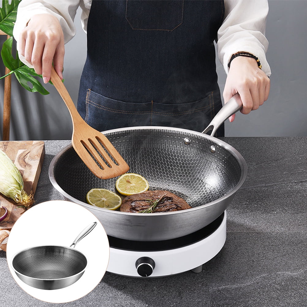 Non-Stick Frying Wok Pan - 12" Deep Carbon Steel Skillet with Wooden Handle (Induction Compatible)