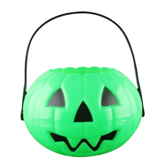 1-Piece 6.88" Medium Halloween Pumpkin Bucket, Collapsible Detachable Plastic Jack-o'-Lantern Pail with Handle for Trick or Treating, Green