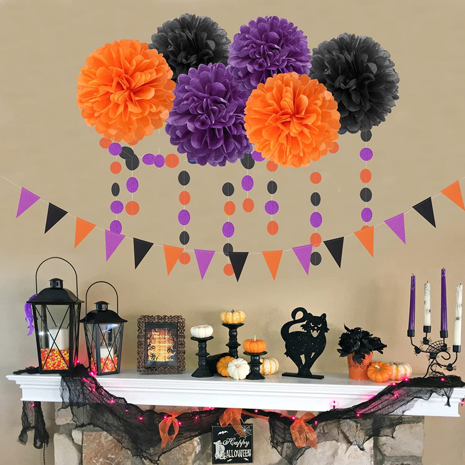 Black Purple Orange Halloween Party-Decorations - 23pcs Tissue Pom Poms Streamers,Tassel Garland Banner,Graduation 2025 Birthday Wedding Baby Bridal Shower Decor Bunting